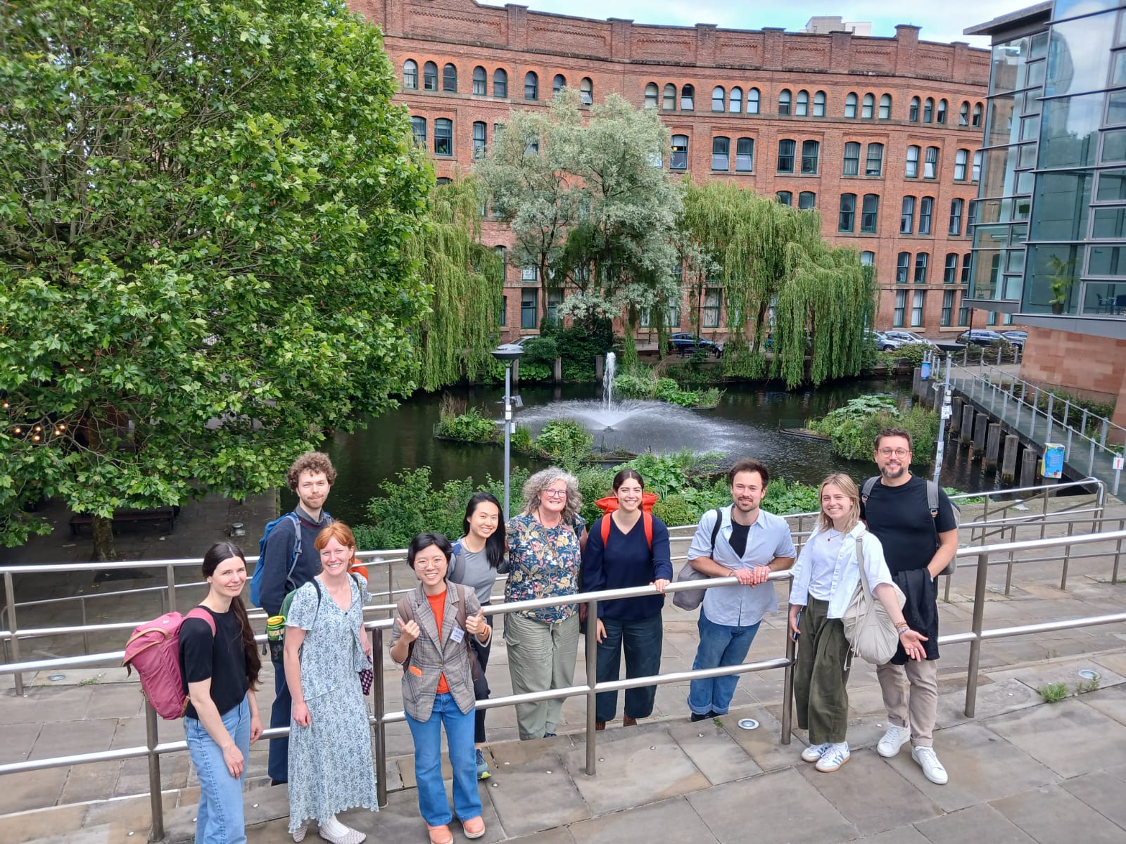 Livable Cities 2026 delegates at the University of Salford, Manchester. From third from left: Sarah Lavllee, Yi-Hsuan Wang, Jade Wong, Blanche Cameron, Hannah Simon, Marius Sidaravicius, and Emilia Mizielińska.